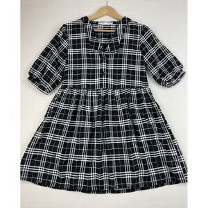 ROW A Women's Mini Babydoll Plaid Dress Tunic Size‎ Small Black White Buttons